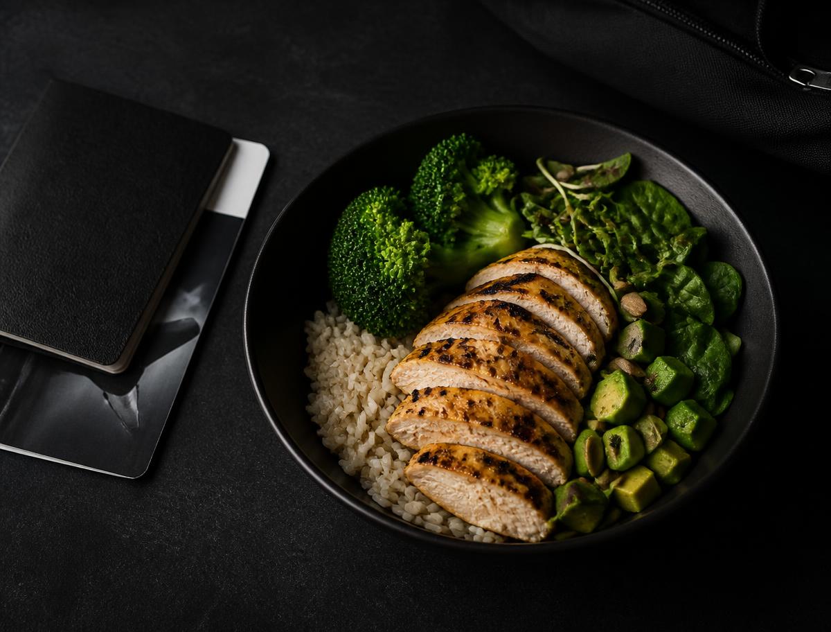 High-protein travel meal in a black bowl next to a passport