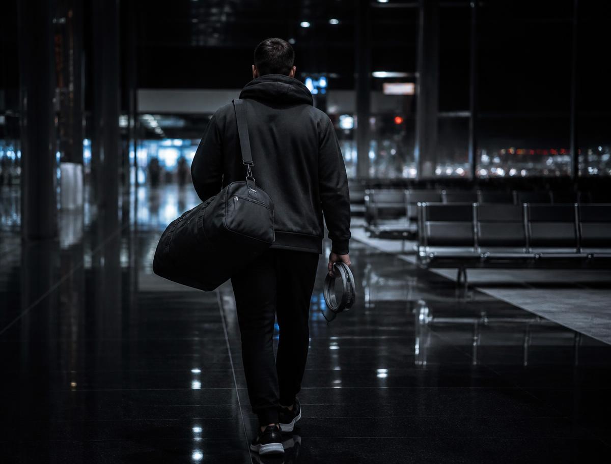 Traveller walking through an empty airport terminal at night